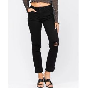 JUDY BLUE Mid Rise Black Denim Distressed Ripped Slim Fit Jeans 5/27